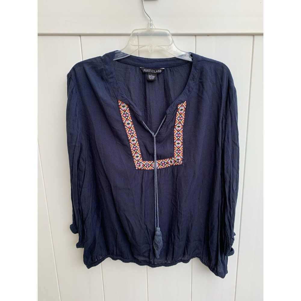 Just Class Shirt Womens Large Peasant Boho Blouse Lightweight Tassels
